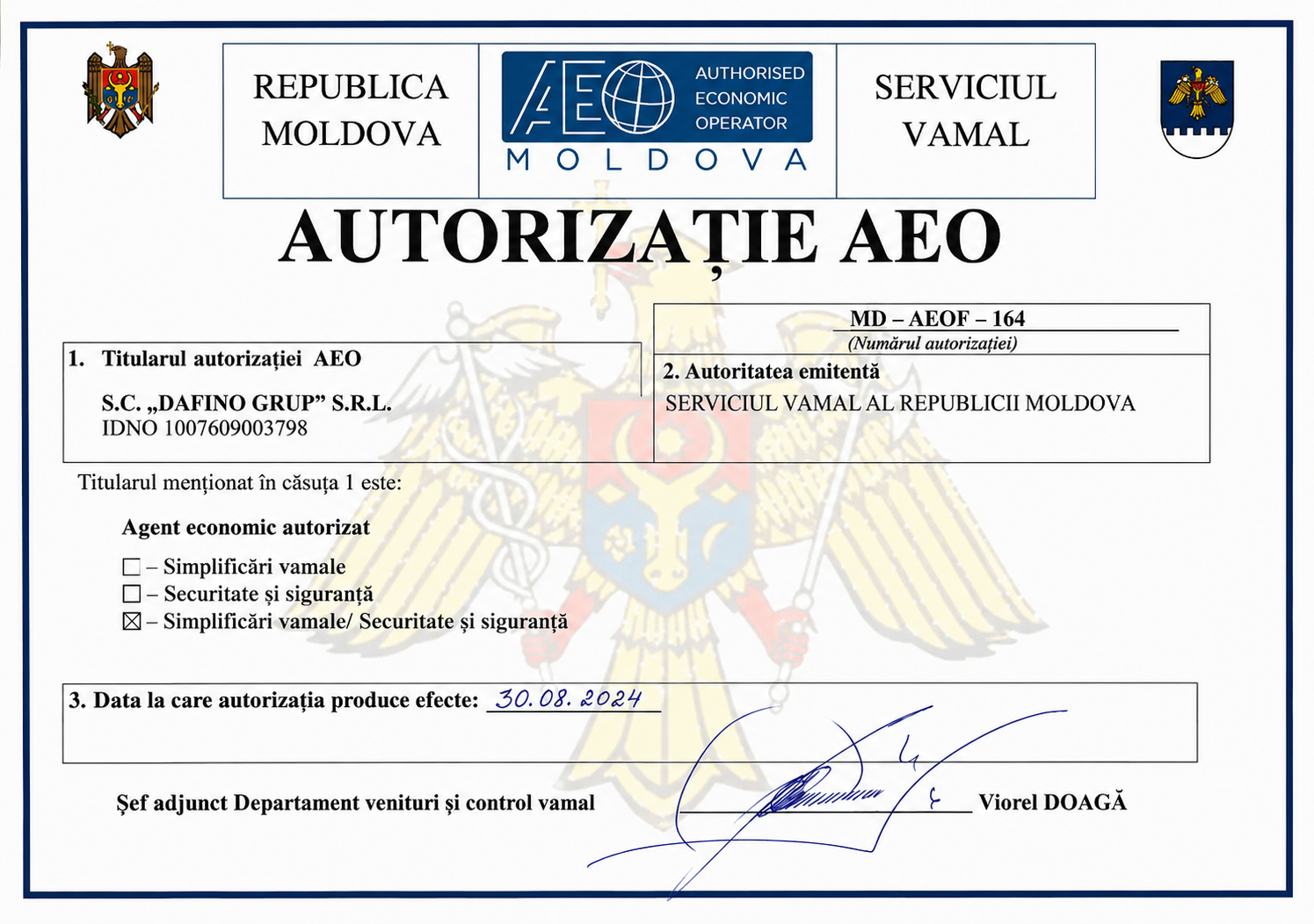 Autorizația AEOF a companiei S.C. Dafino Grup S.R.L., emisă de Serviciul Vamal al Republicii Moldova